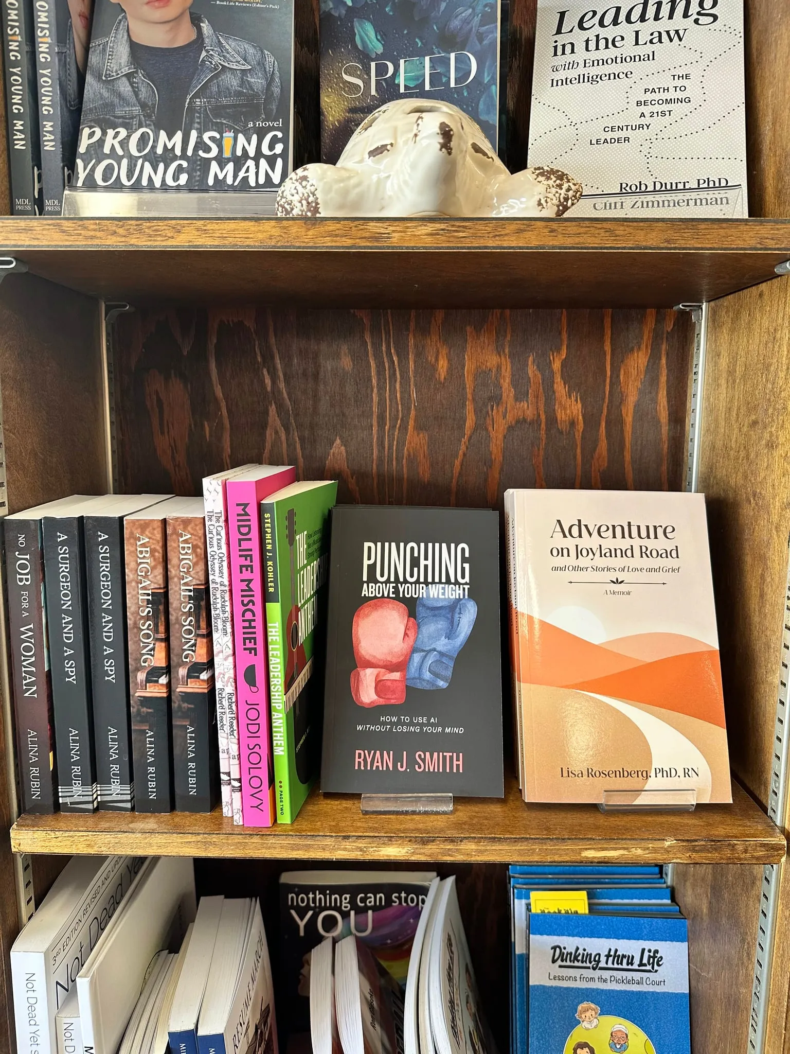 Three copies of Punching Above Your Weight on the Local Authors shelf at Book Bin, among other paperbacks