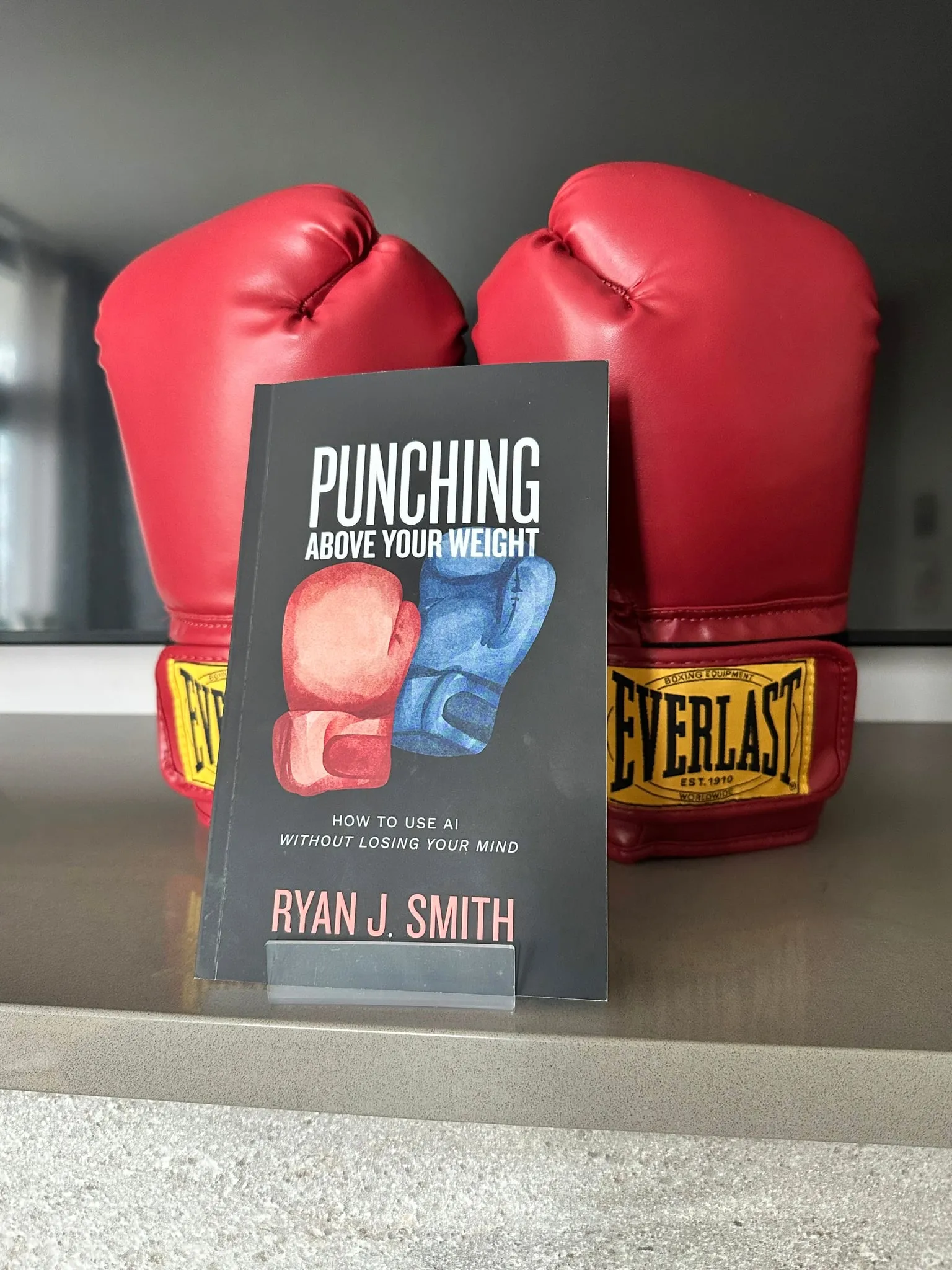 The Punching Above Your Weight paperback standing between a pair of red Everlast boxing gloves