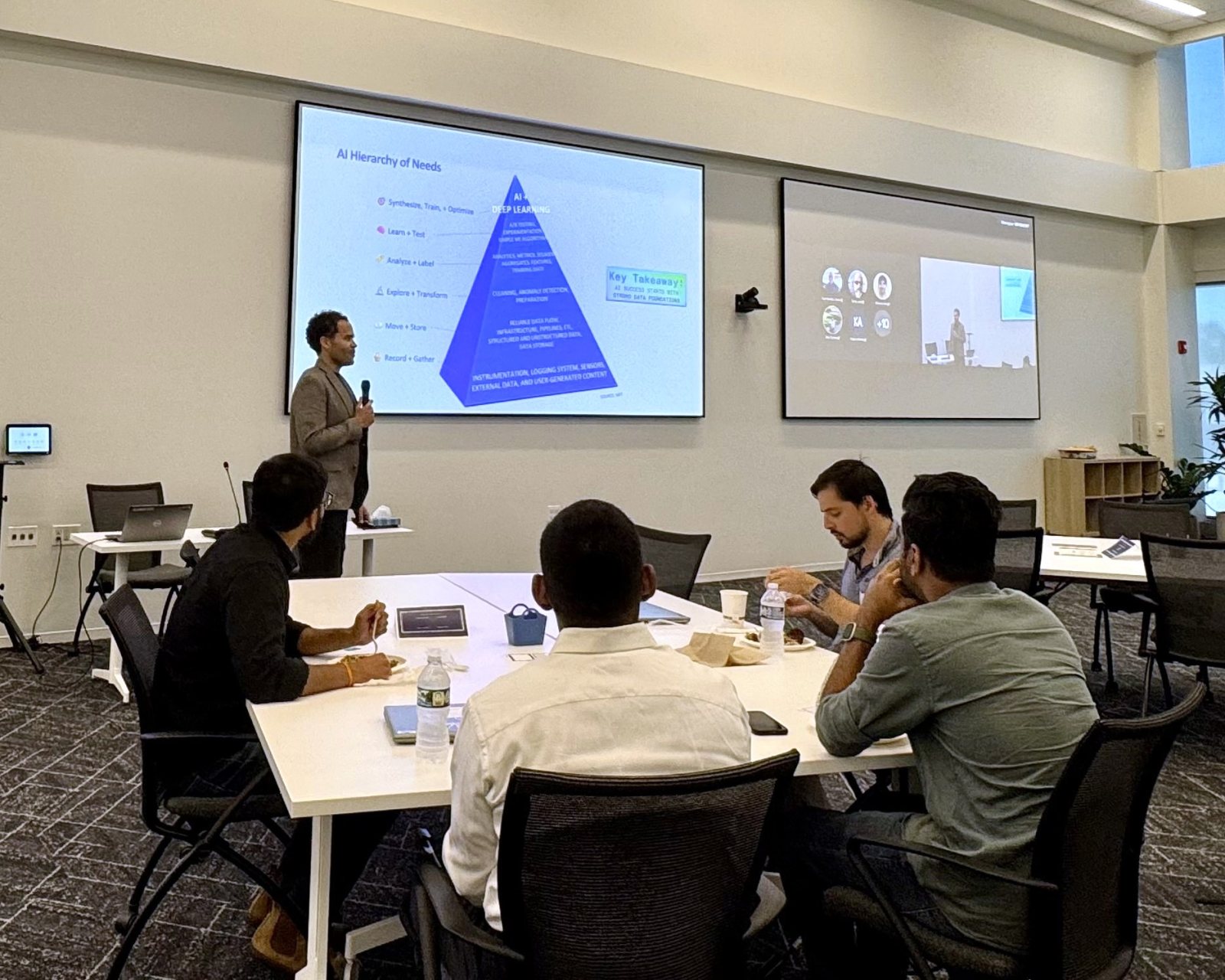 Ryan leading a working session in front of a slide titled AI Hierarchy of Needs, with participants at tables